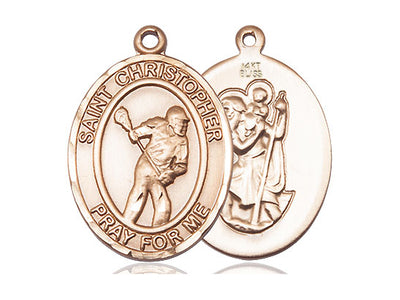 Saint Christopher Lacrosse Catholic Patron Saint Medal, 14kt gold, Bliss Manufacturing