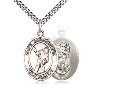 Saint Christopher Lacrosse Catholic Patron Saint Medal, sterling silver, Bliss Manufacturing