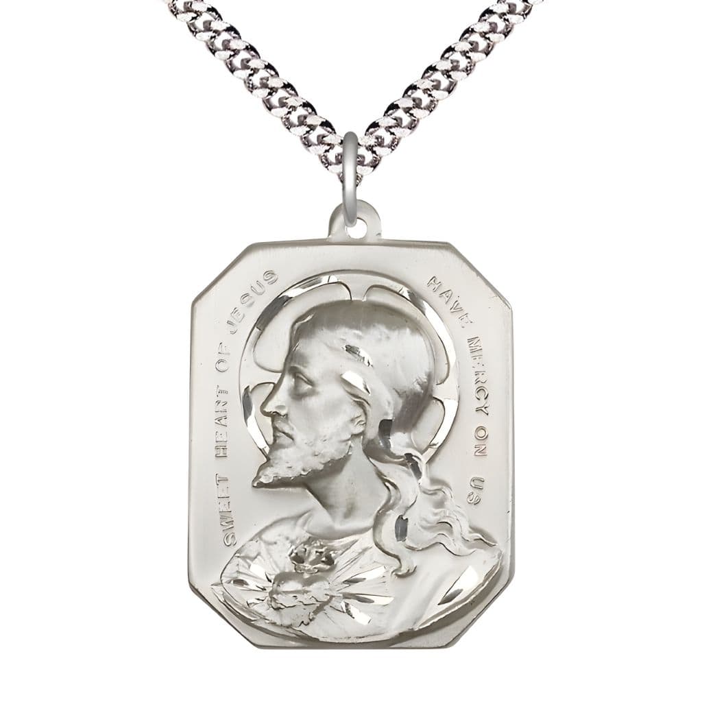 Bliss Sacred Heart of Jesus Sterling Silver Medal with 24-inch rhodium-plated heavy curb endless chain, Measures 1 1/8-inch tall by 1 3/8-inch wide. Made in USA with gift box.