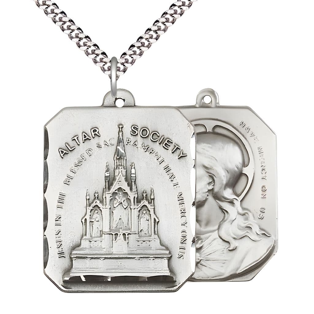 Bliss Sacred Heart of Jesus and the Alter Society Sterling Silver Medal with 24-inch rhodium-plated heavy curb endless chain, Measures 1 1/8-inch tall by 1 3/8-inch wide. Made in USA with gift box.