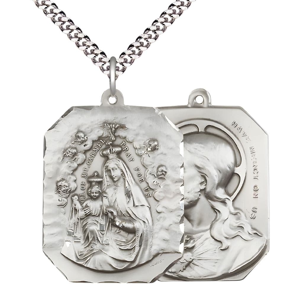 Bliss Out Lady of Mount Carmel with the Sacred Heart of Jesus on back Sterling Silver Medal with Rhodium-Plated Chain,  Measures 1-inch tall by 1 3/8-inch wide.