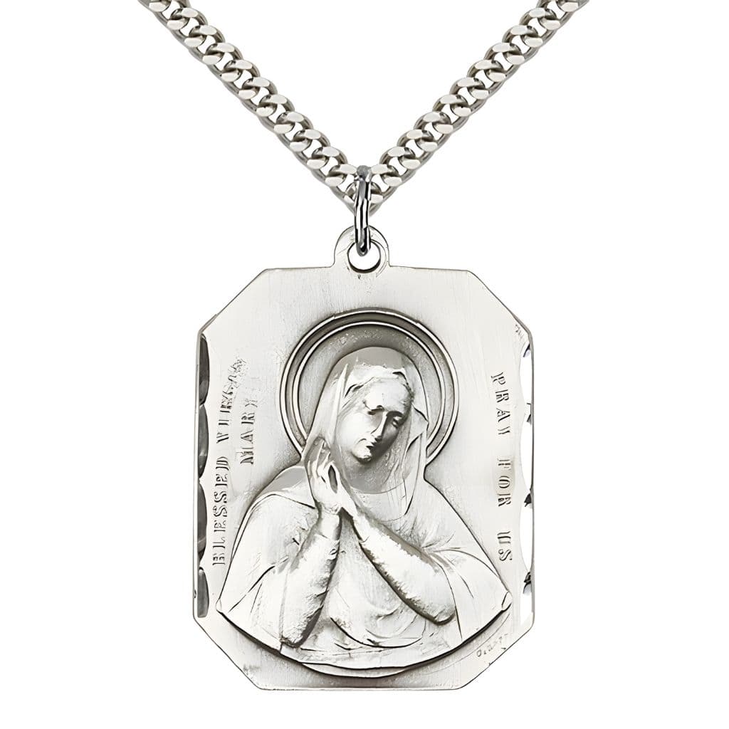 Bliss Blessed Virgin with the Sacred Heart of Jesus on back Sterling Silver Medal with Rhodium-Plated Chain,  Measures 7/8-inch tall by 1 1/8-inch wide.