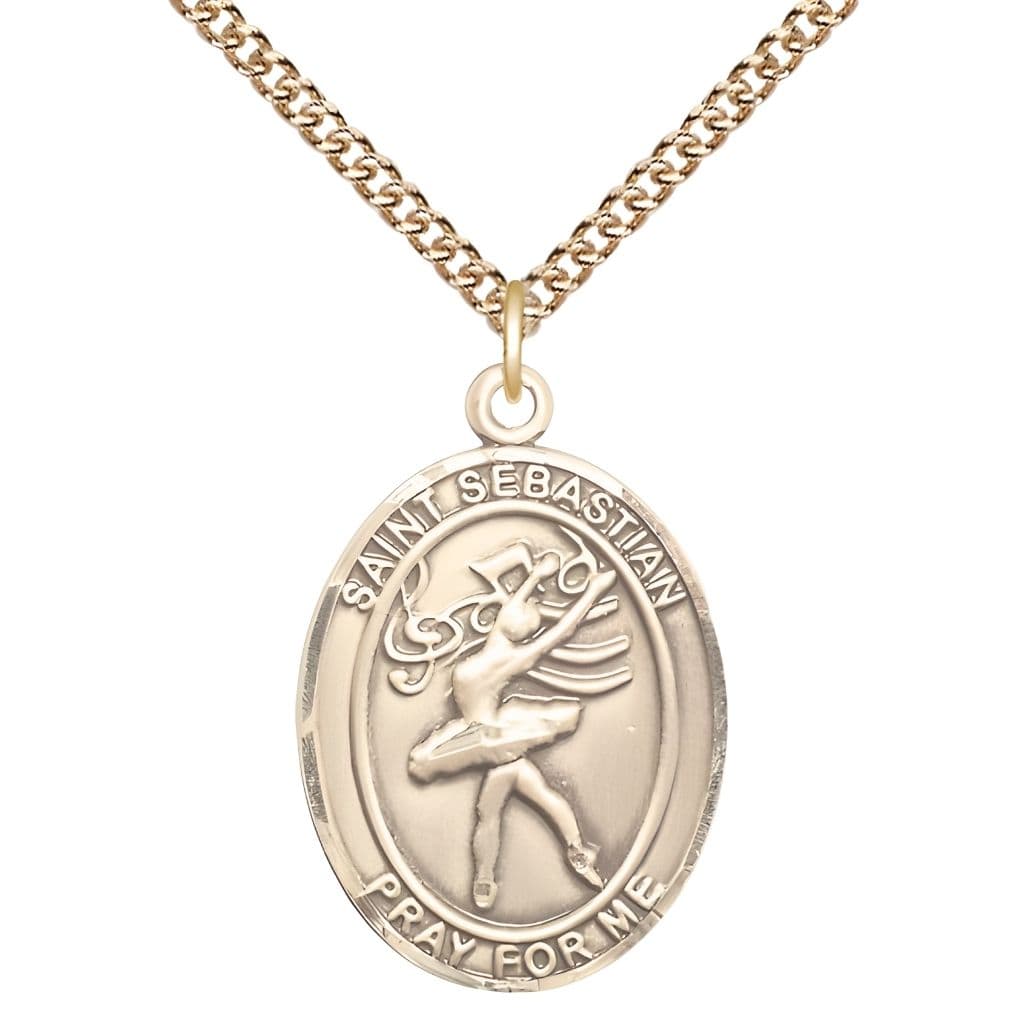 St. Sebastian Dance 14kt Gold Oval Medal with 14kt Gold Curb Chain, Measures 1-inch x 3/4-inch, Made in USA by Bliss