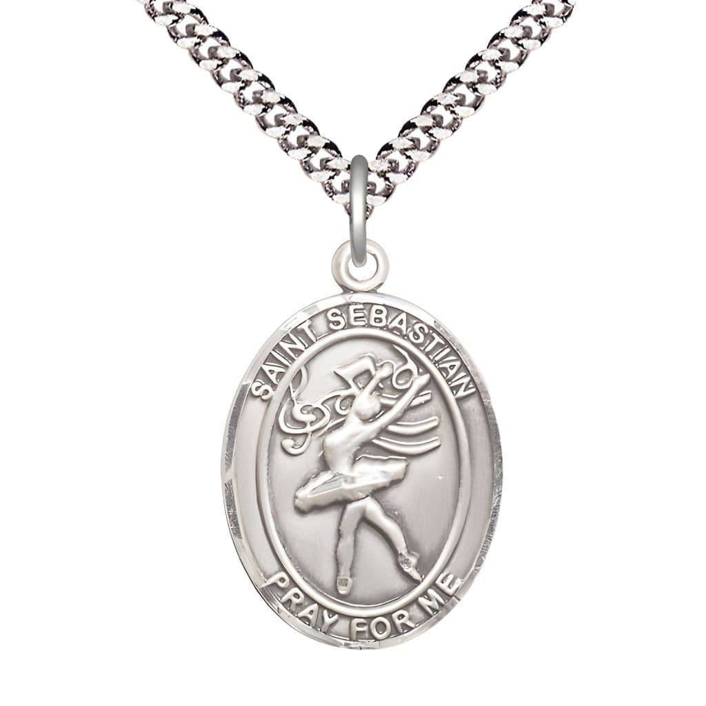 Bliss St. Sebastian Dance Pewter Oval Oval Medal with Plate Curb Chain, Measures 3/4-inch tall by 1/2-inch wide.