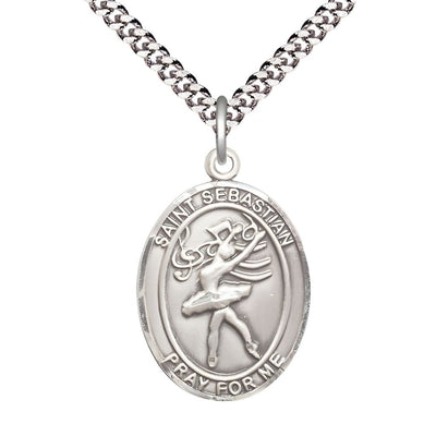 St. Sebastian Dance Sterling Silver Oval Medal with Plated Curb Chain, Measures 1-inch x 3/4-inch, Bliss Manufacturing