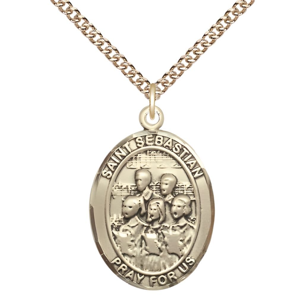St. Sebastian Choir 14kt Gold Oval Medal with 14kt Gold Chain, Measures 1-inch x 3/4-inch, Made in USA by Bliss