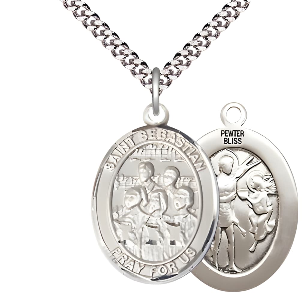 St. Sebastian Choir Pewter Oval Medal with Plated Chain, Measures 1-inch x 3/4-inch, Made in USA by Bliss