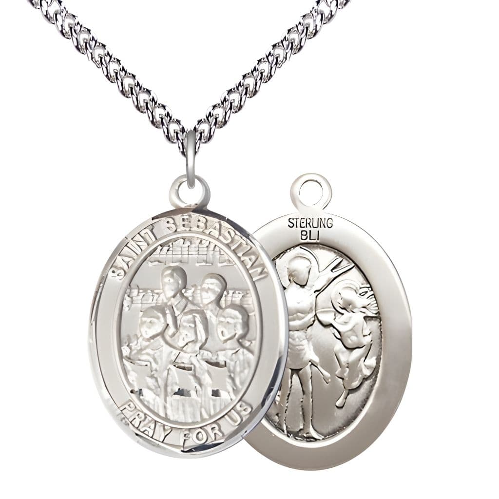 St. Sebastian Choir Sterling Silver Oval Medal with Sterling Chain, Measures 1-inch x 3/4-inch, Made in USA by Bliss