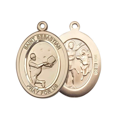 Large Male Pickleball with St. Sebastian on back 14kt Gold Oval Medal Pendant, Deluxe Gift Box