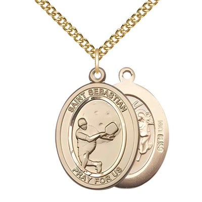 Large Male Pickleball with St. Sebastian on back 14kt Gold Oval Medal Pendant with 14kt Gold Chain, Deluxe Gift Box