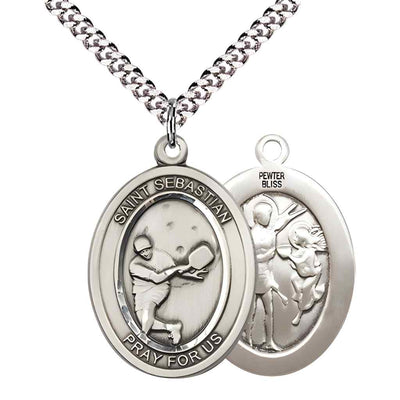 Large Male Pickleball with St. Sebastian on back Pewter Oval Medal Pendant with Rhodium-plated Chain, Deluxe Gift Box