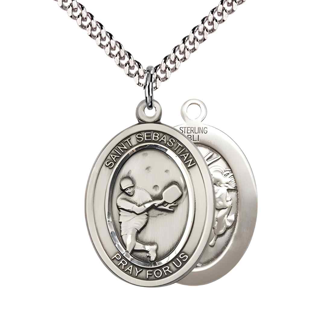Large Male Pickleball with St. Sebastian on back Sterling Silver Oval Medal Pendant with Rhodium-plated Chain, Deluxe Gift Box