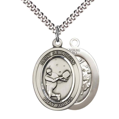 Large Male Pickleball with St. Sebastian on back Sterling Silver Oval Medal Pendant with Rhodium-plated Chain, Deluxe Gift Box