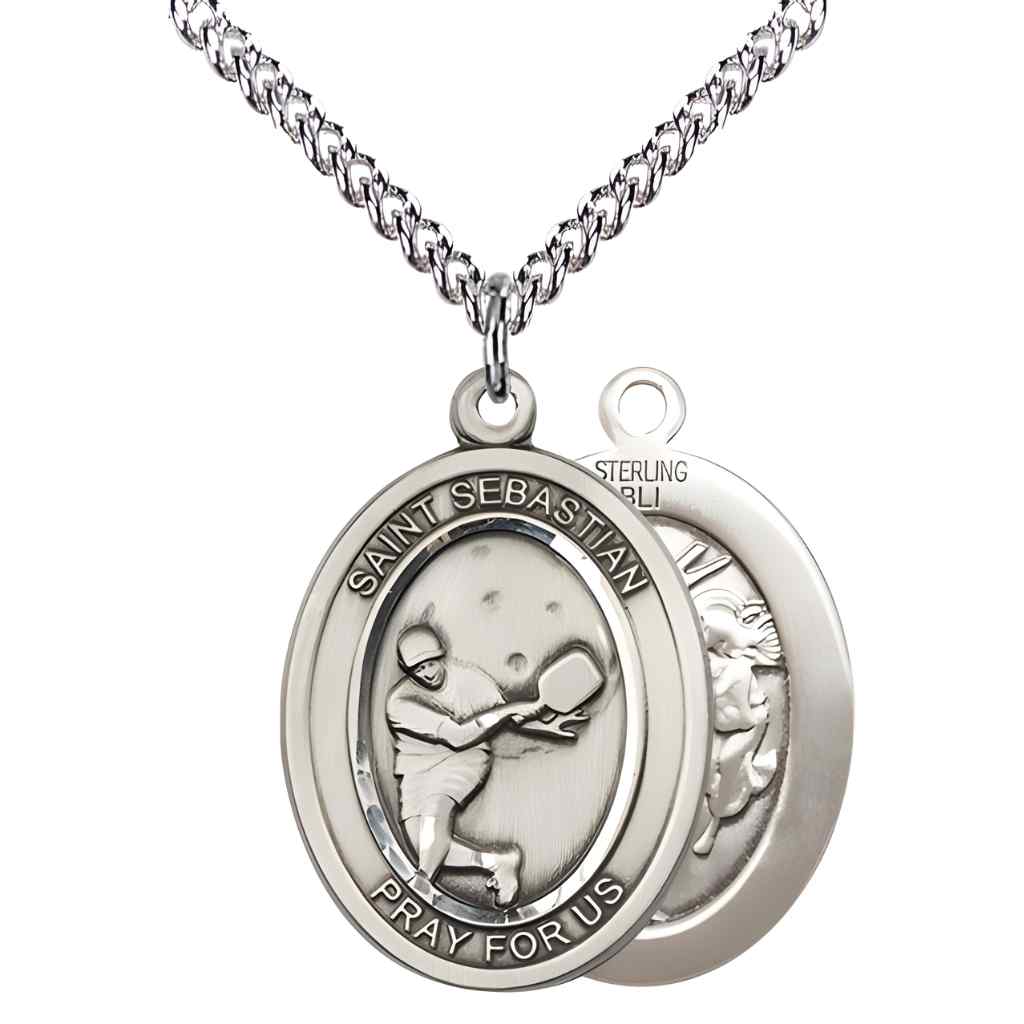 Large Male Pickleball with St. Sebastian on back Sterling Silver Oval Medal Pendant with Sterling Silver Chain, Deluxe Gift Box