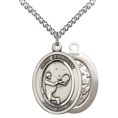 Large Male Pickleball with St. Sebastian on back Sterling Silver Oval Medal Pendant with Sterling Silver Chain, Deluxe Gift Box