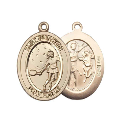 Large Female Pickleball with St. Sebastian on back 14kt Gold Oval Medal Pendant, Deluxe Gift Box