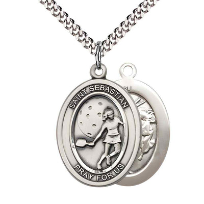 Large Female Pickleball with St. Sebastian on back Pewter Oval Medal Pendant with Rhodium-plated Chain, Deluxe Gift Box