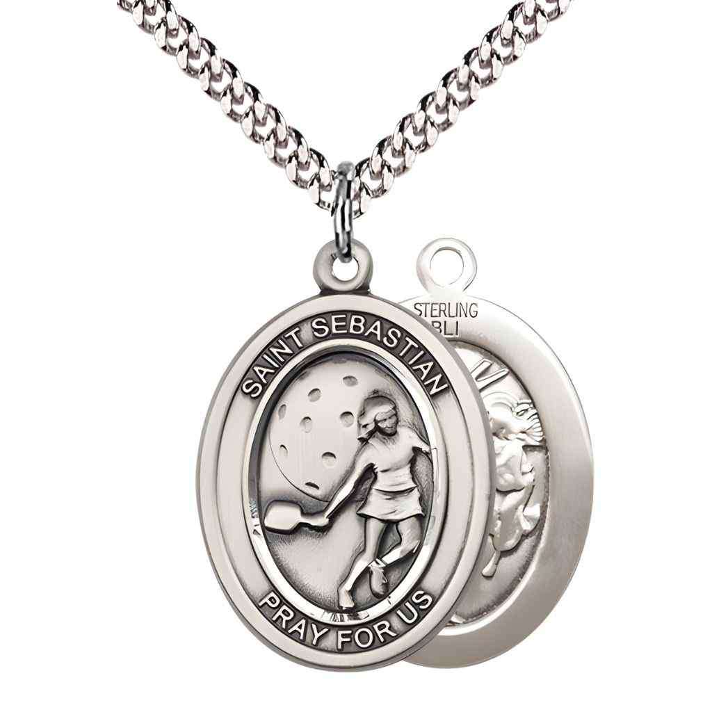 Large Female Pickleball with St. Sebastian on back Sterling Silver Oval Medal Pendant with Rhodium-plated Chain, Deluxe Gift Box