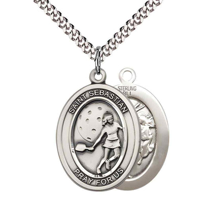 Large Female Pickleball with St. Sebastian on back Sterling Silver Oval Medal Pendant with Rhodium-plated Chain, Deluxe Gift Box