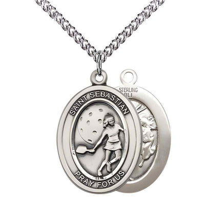 Large Female Pickleball with St. Sebastian on back Sterling Silver Oval Medal Pendant with Sterling Silver Chain, Deluxe Gift Box