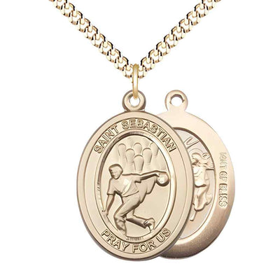Large Bowling | Male Bowlers with St. Sebastian on back 14kt Gold-filled Oval Medal Pendant with Gold-plated Chain, Deluxe Gift Box