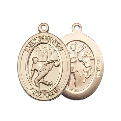 Large Bowling | Male Bowlers with St. Sebastian on back 14kt Gold Oval Medal Pendant, Deluxe Gift Box