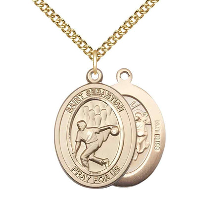 Large Bowling | Male Bowlers with St. Sebastian on back 14kt Gold Oval Medal Pendant with 14kt Gold Chain, Deluxe Gift Box