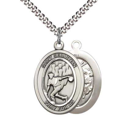 Large Bowling | Male Bowlers with St. Sebastian on back Pewter Oval Medal Pendant with Rhodium-plated Chain, Deluxe Gift Box