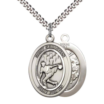 Large Bowling | Male Bowlers with St. Sebastian on back Sterling Silver Oval Medal Pendant with Rhodium-plated Chain, Deluxe Gift Box