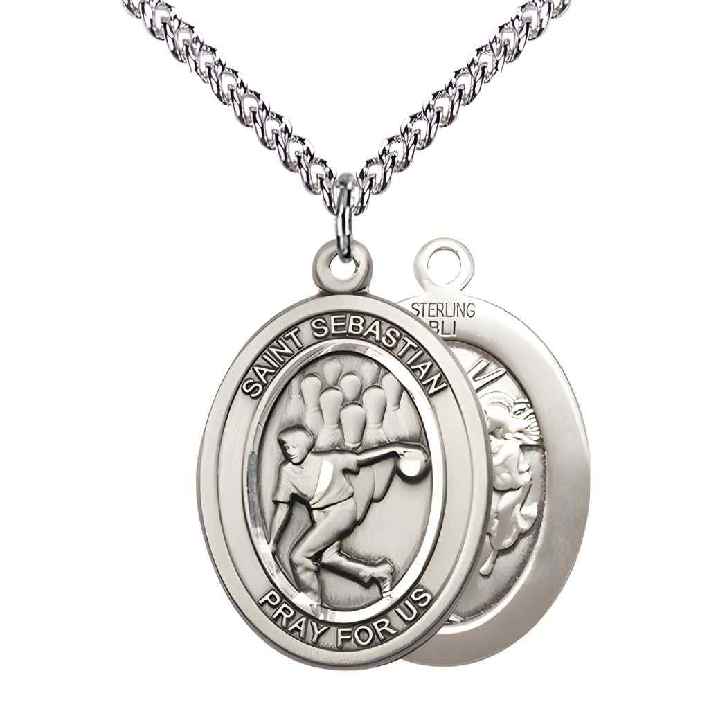 Large Bowling | Male Bowlers with St. Sebastian on back Sterling Silver Oval Medal Pendant with Sterling Silver Chain, Deluxe Gift Box