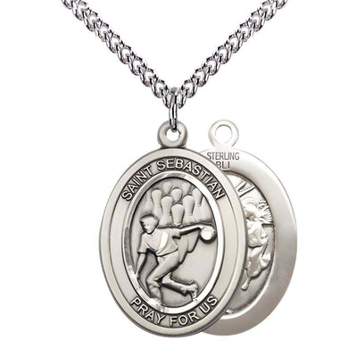 Large Bowling | Male Bowlers with St. Sebastian on back Sterling Silver Oval Medal Pendant with Sterling Silver Chain, Deluxe Gift Box