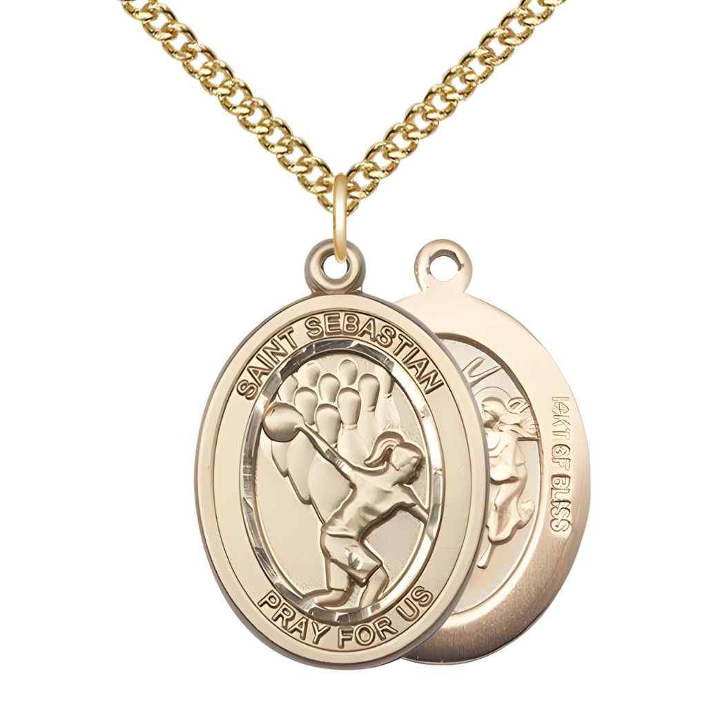 Large Bowling | Female Bowlers with St. Sebastian on back 14kt Gold-filled Oval Medal Pendant with Gold-filled Chain, Deluxe Gift Box