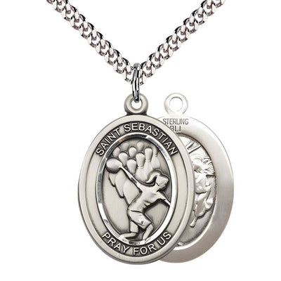 Large Bowling | Female Bowlers with St. Sebastian on back Sterling Silver Oval Medal Pendant with Rhodium-plated Chain, Deluxe Gift Box