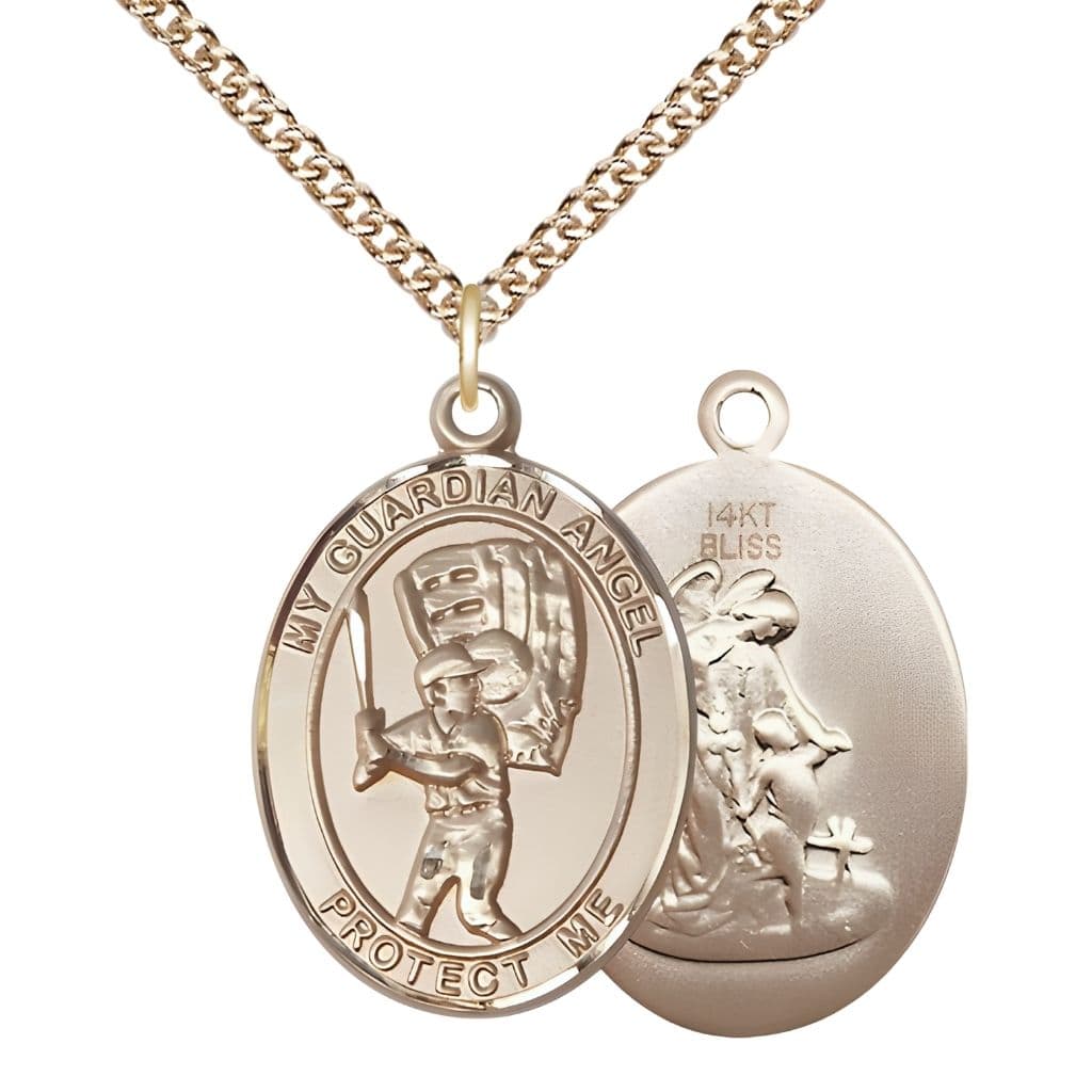 Bliss Guardian Angel Baseball 14kt Gold Oval Medal Pendant with 14kt Gold Chain, Measures 1-inch tall by 3/4-inch wide.