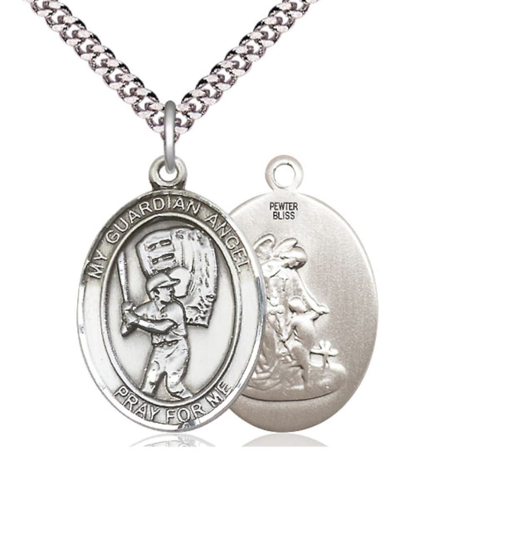 Bliss Guardian Angel Baseball Pewter Oval Engravable Large Medal Necklace with Chain,