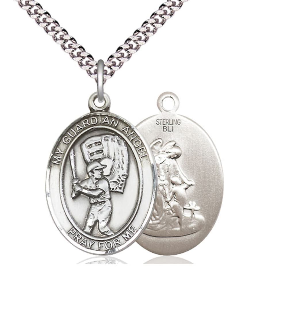 Bliss Guardian Angel Baseball Sterling Silver Oval Large Medal Necklace,