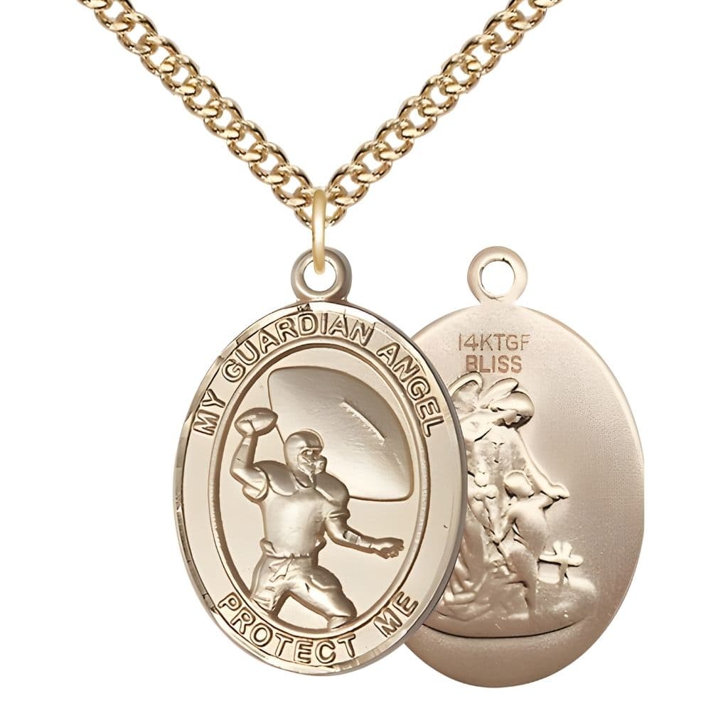 Bliss Guardian Angel Football 14kt Gold-filled Oval Medal Pendant with Gold-filled Chain, Measures 1-inch tall by 3/4-inch wide.