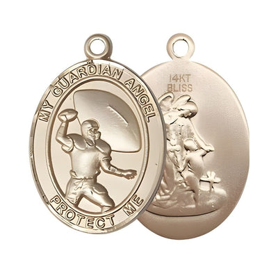 Guardian Angel Football 14kt Gold Oval Medal Pendant, Measures 1-inch tall by 3/4-inch wide, Bliss Manufacturing