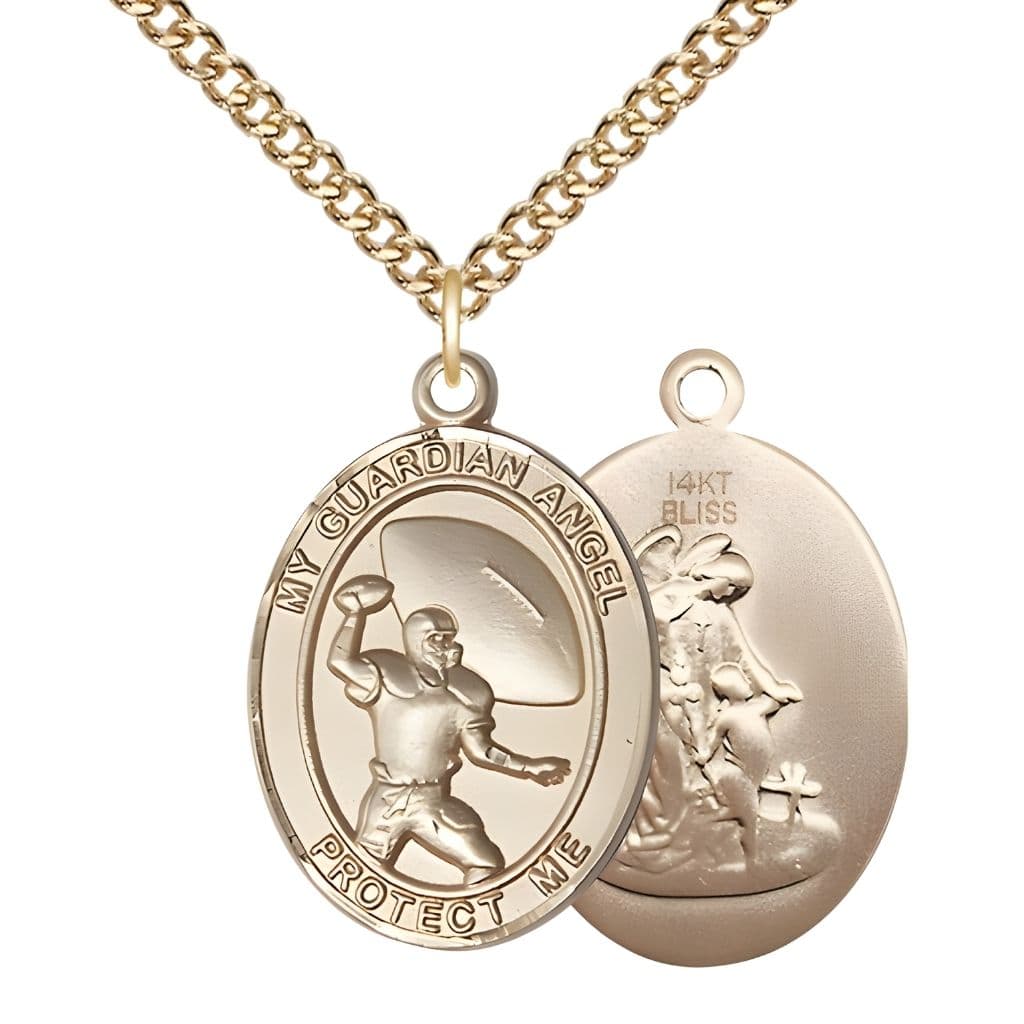 Bliss Guardian Angel Football 14kt Gold Oval Medal Pendant with 14kt Gold Chain, Measures 1-inch tall by 3/4-inch wide.