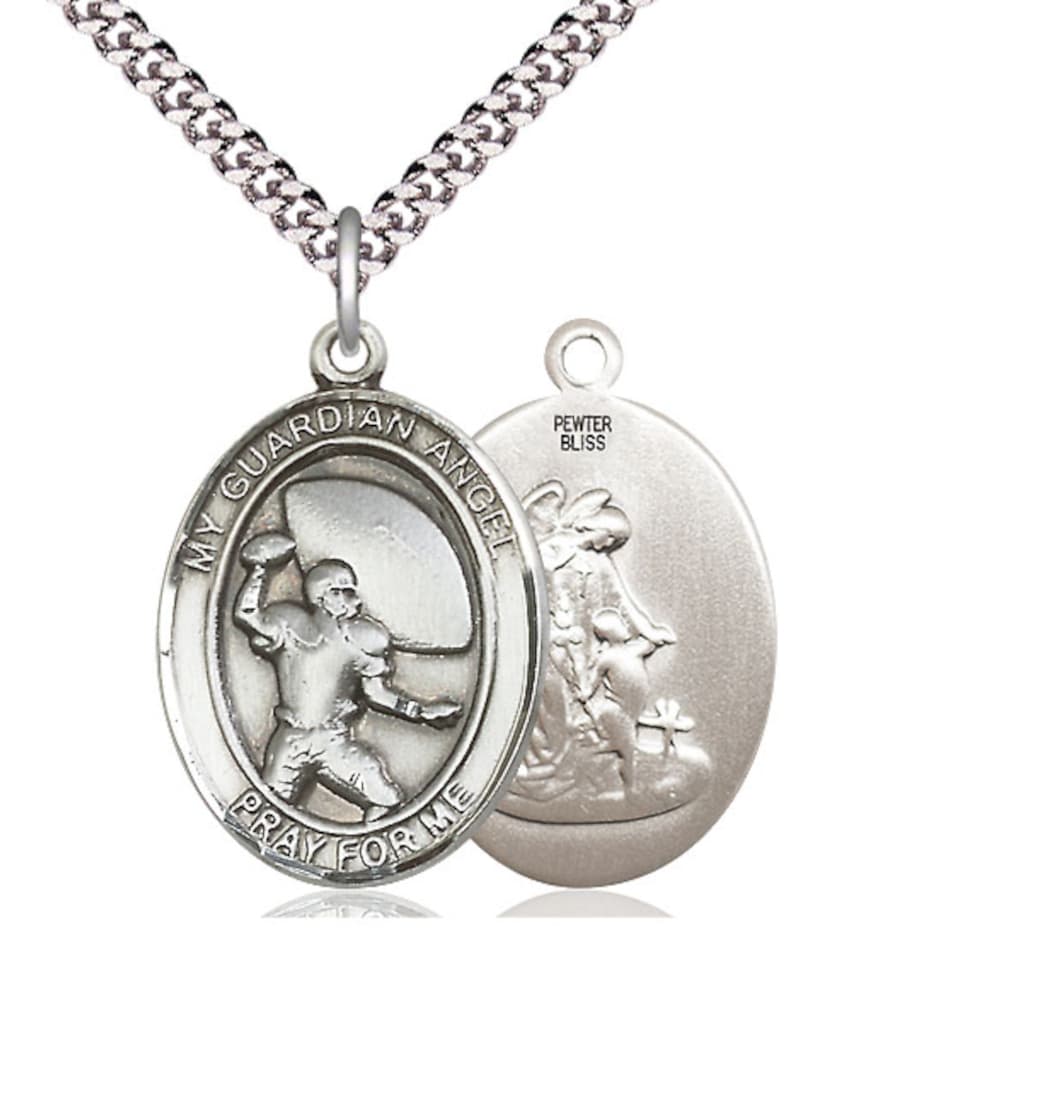 Bliss Guardian Angel Football Pewter Oval Engravable Large Medal Necklace,7701PW,