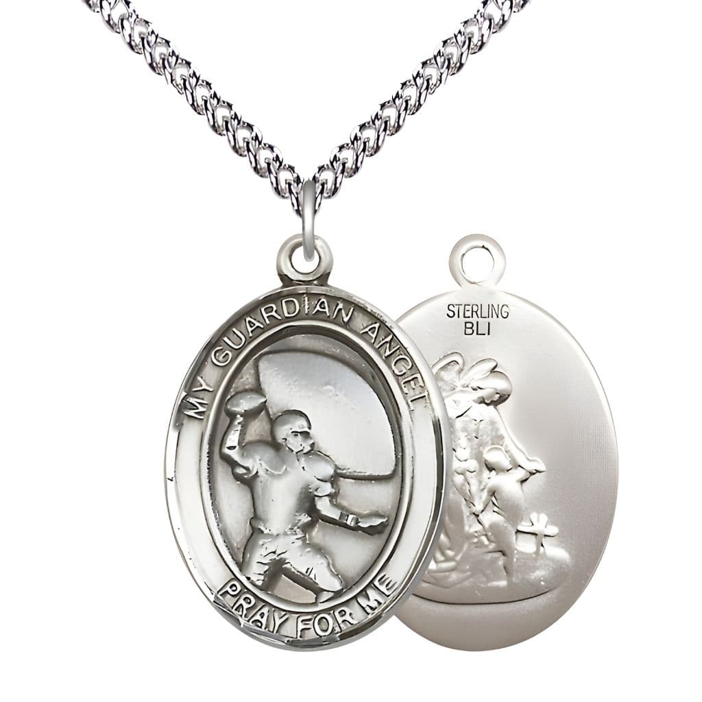 Bliss Guardian Angel Football Sterling Silver Oval Medal Pendant with Sterling Chain, Measures 1-inch tall by 3/4-inch wide.