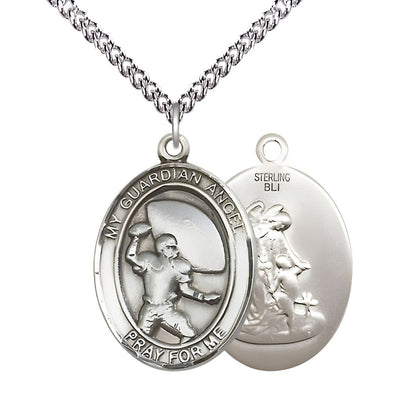 Guardian Angel Football Sterling Silver Oval Medal Pendant with Sterling Chain, Measures 1-inch tall by 3/4-inch wide, Bliss Manufacturing
