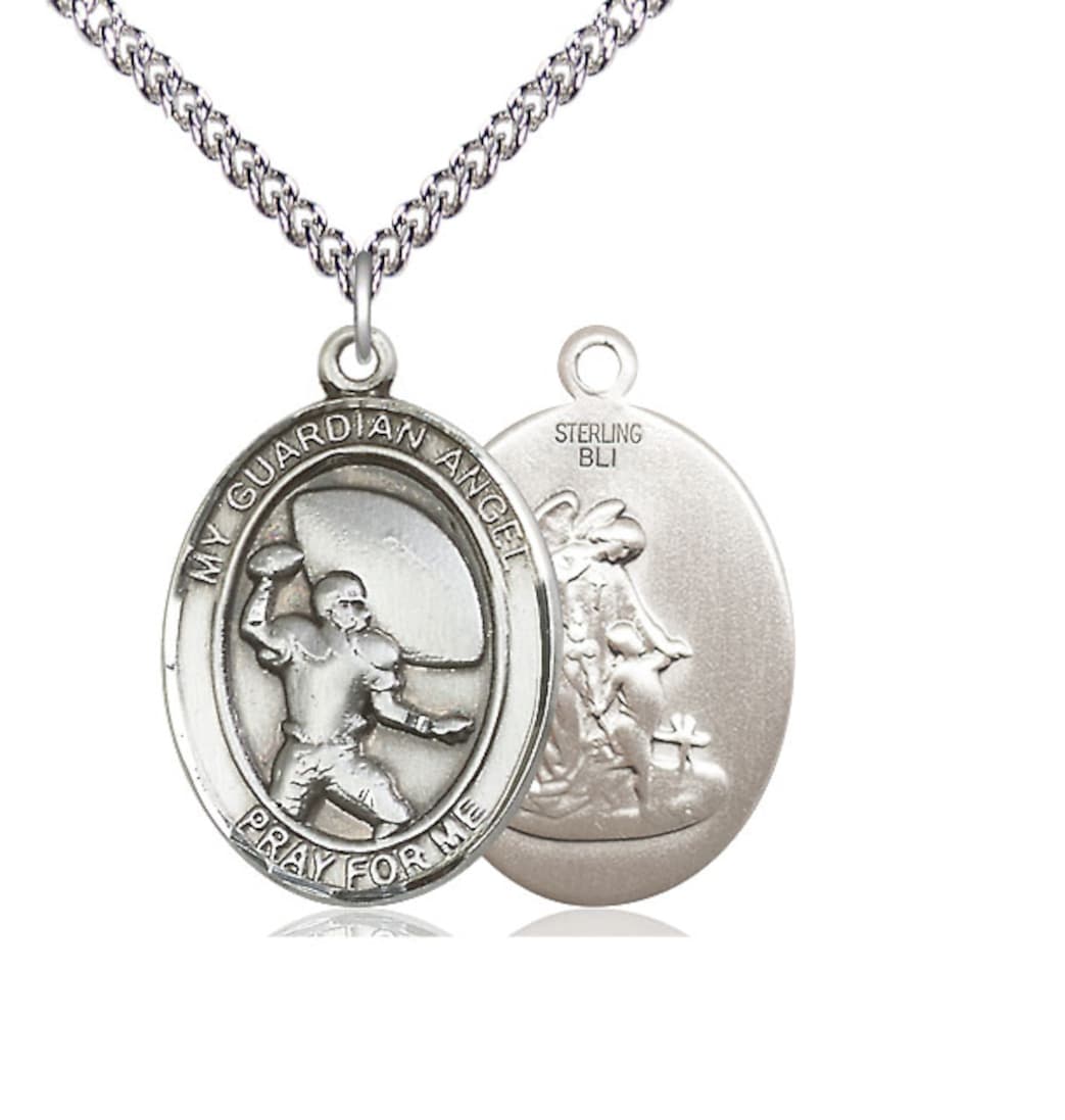 Bliss Guardian Angel Football Sterling Silver Large Oval Medal Necklace with Sterling Chain,