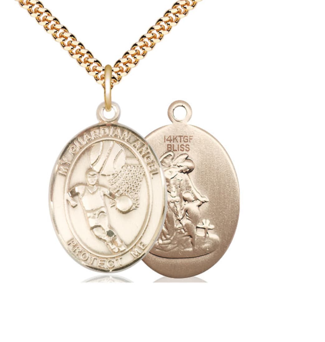 Bliss Guardian Angel Basketball Gold-filled Oval Engravable Large Medal Necklace,