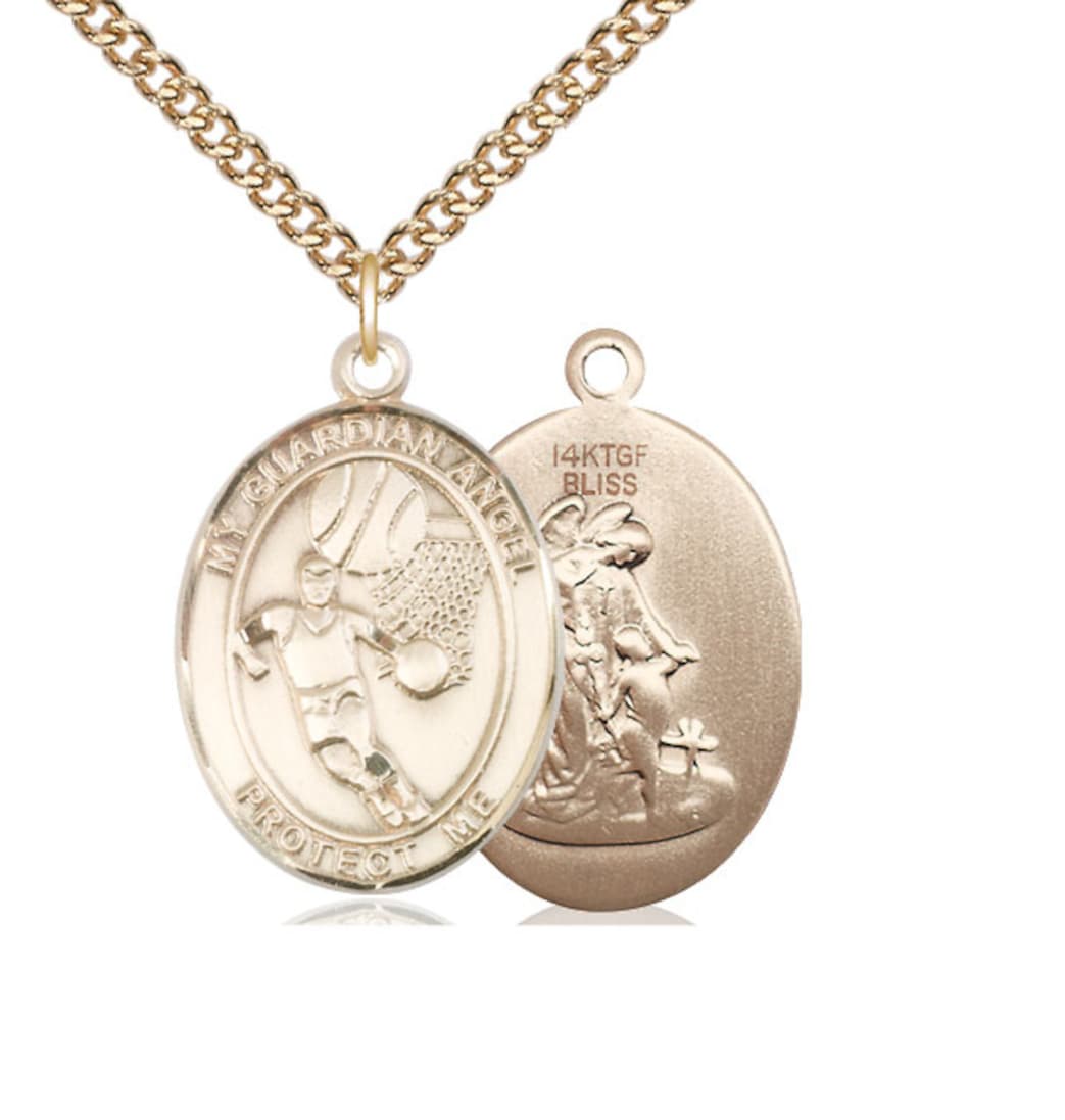 Bliss Guardian Angel Basketball Gold-filled Oval Engravable Large Medal Necklace with Gold-filled Chain,7702GF_C10GF,