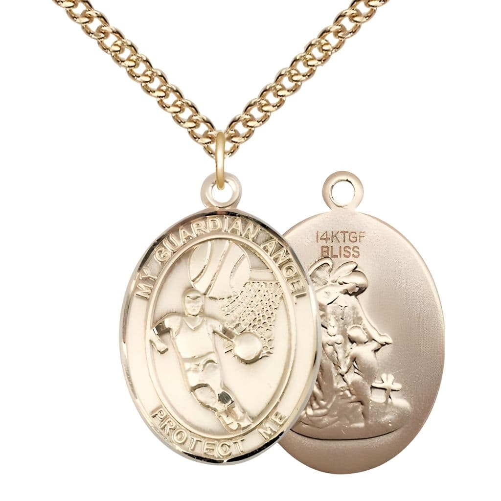 Bliss Guardian Angel Basketball 14kt Gold-filled Oval Medal Pendant with Gold-filled Chain, Measures 1-inch tall by 3/4-inch wide.