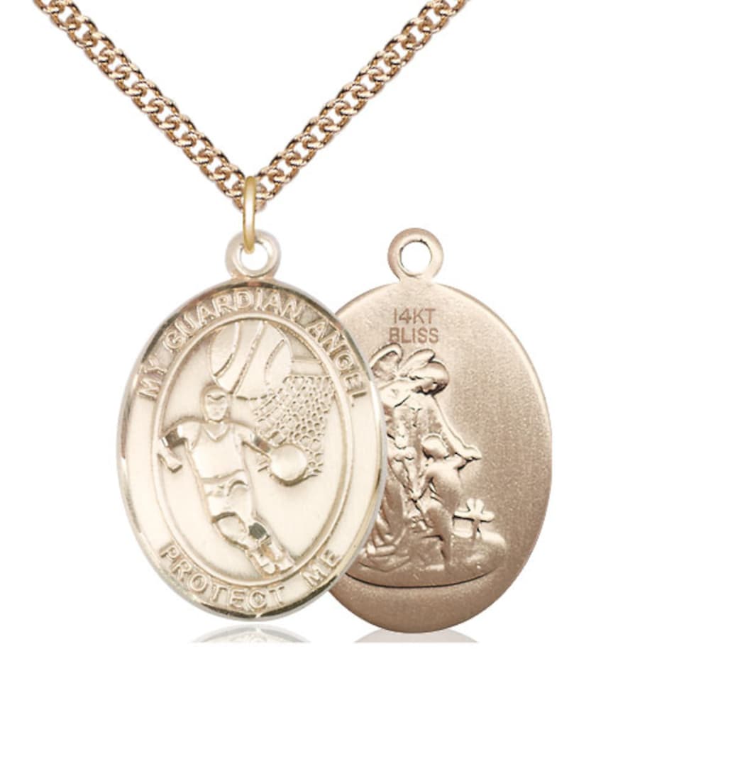 Bliss Manufacturing Guardian Angel Basketball 14kt Gold Oval Large Medal with 14kt Gold Chain,