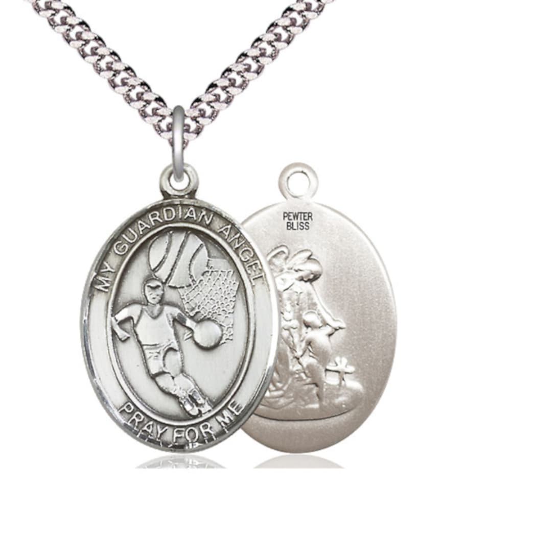 Bliss Manufacturing Large Guardian Angel Basketball Pewter Oval Engravable Medal Necklace,