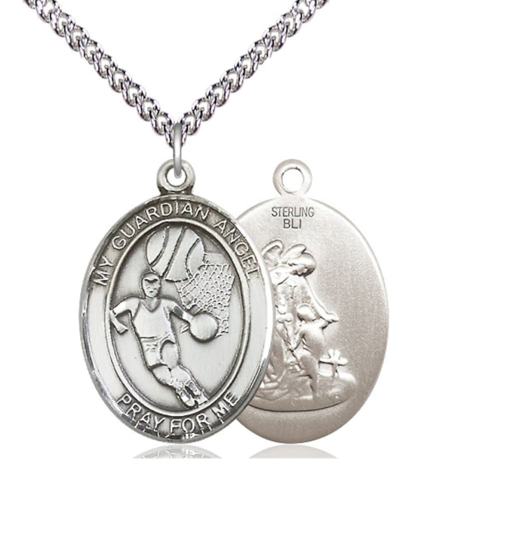 Bliss Guardian Angel Basketball Sterling Silver Oval Large Medal Necklace with Plated Chain,