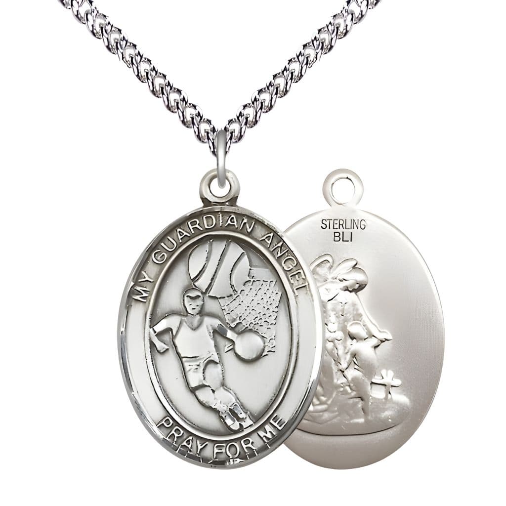 Bliss Guardian Angel Basketball Sterling Silver Oval Medal Pendant with Sterling Chain, Measures 1-inch tall by 3/4-inch wide.